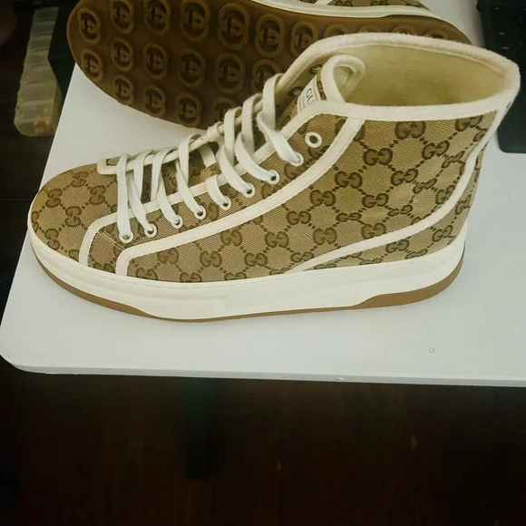 Gucci Monogram High-Top Sneakers in Brown and Cream - Picture 2 of 2
